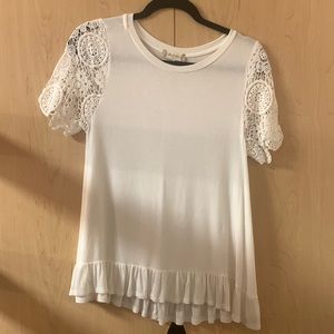 altar’d state white shirt with ruffle bottom and design sleeves